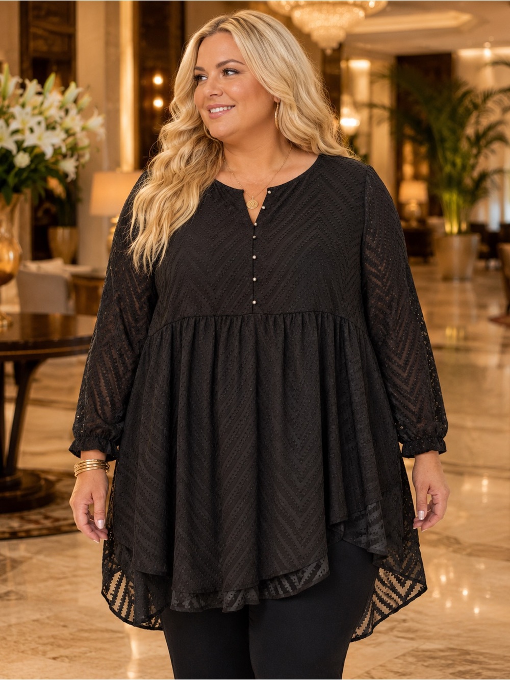 SHEIN Black Lace Textured Button-Front Peasant Tunic